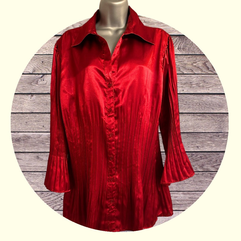 Serenade red silky long sleeved button down blouse